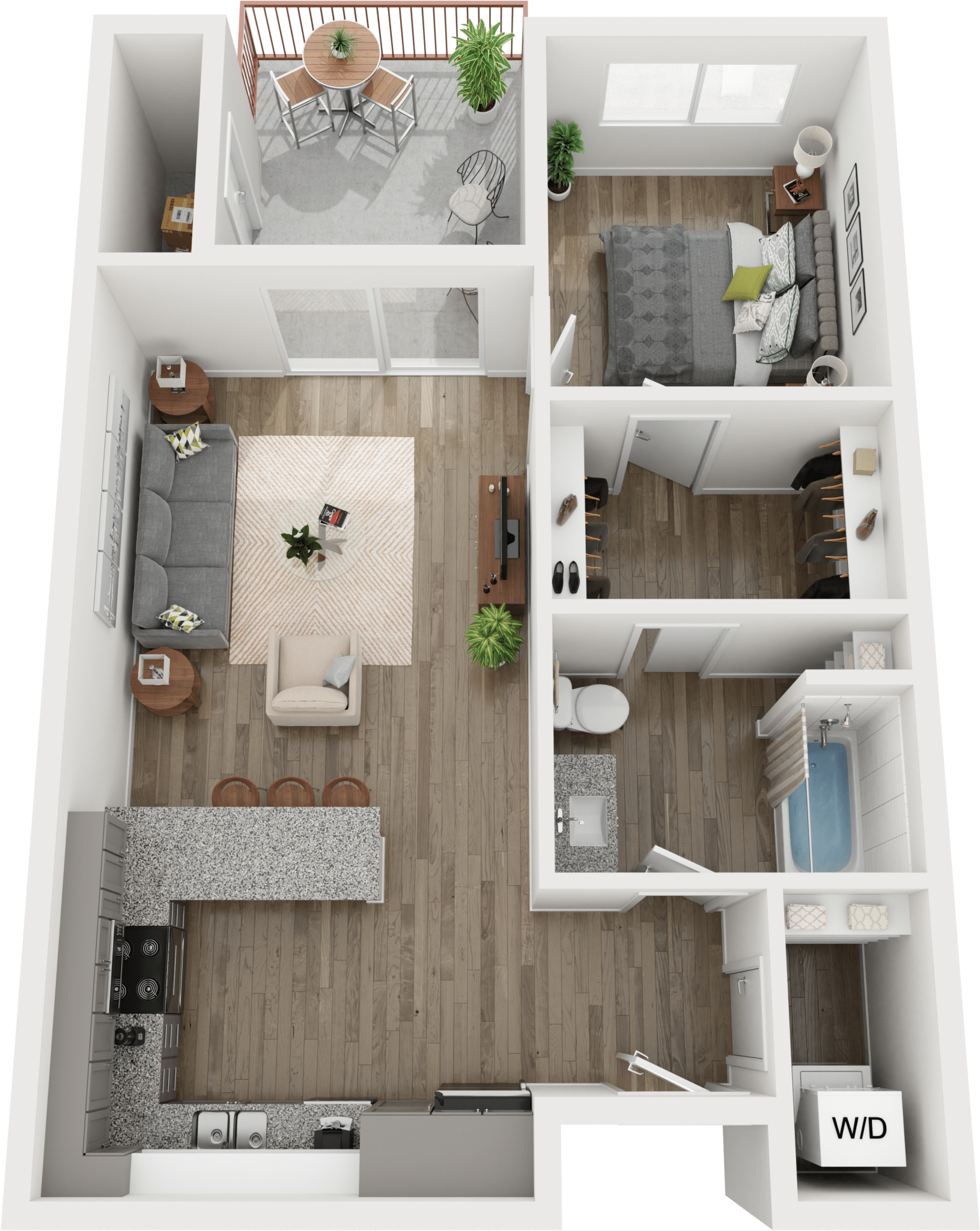 Floor plan for 1 bed, 1 bath, 661 sqft